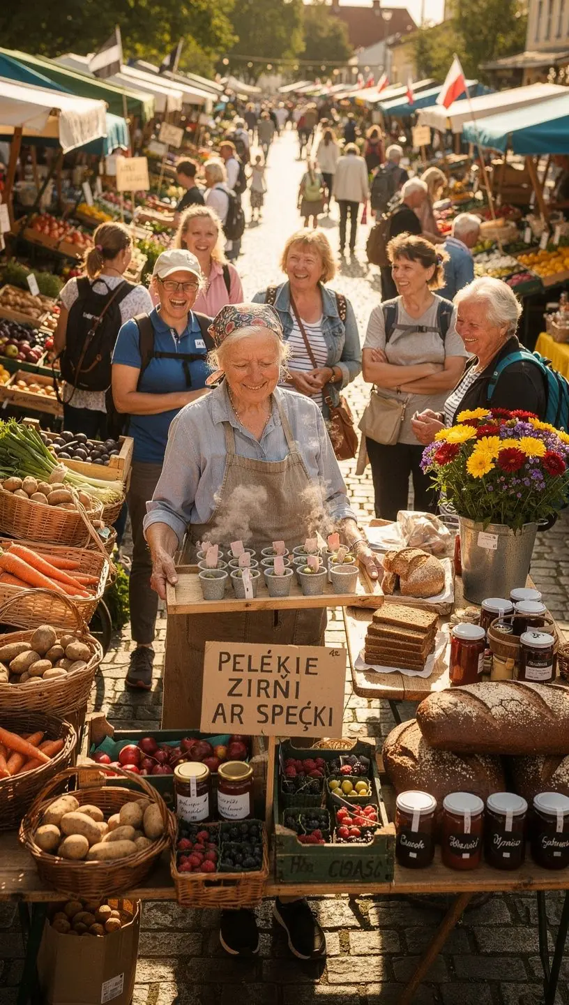 Skaista ainava ar lauku mājām un zaļajiem laukiem, kas raksturo Latvijas dabu.